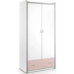 Armoire 2 Portes 1 Tiroir Bois Blanc Et Rose Bonny