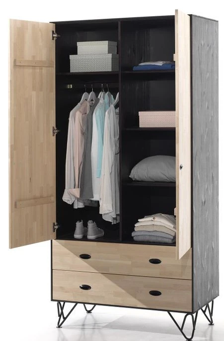 Armoire 2 Portes 2 Tiroirs Bois Massif Clair Et Gris Arna 2 Armoire 2 Portes 2 Tiroirs Bois Massif Clair Et Gris Arna – Image 2