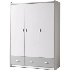 Armoire 3 Portes 3 Tiroirs Bois Blanc Et Gris Bonny