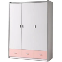 Armoire 3 Portes 3 Tiroirs Bois Blanc Et Rose Bonny