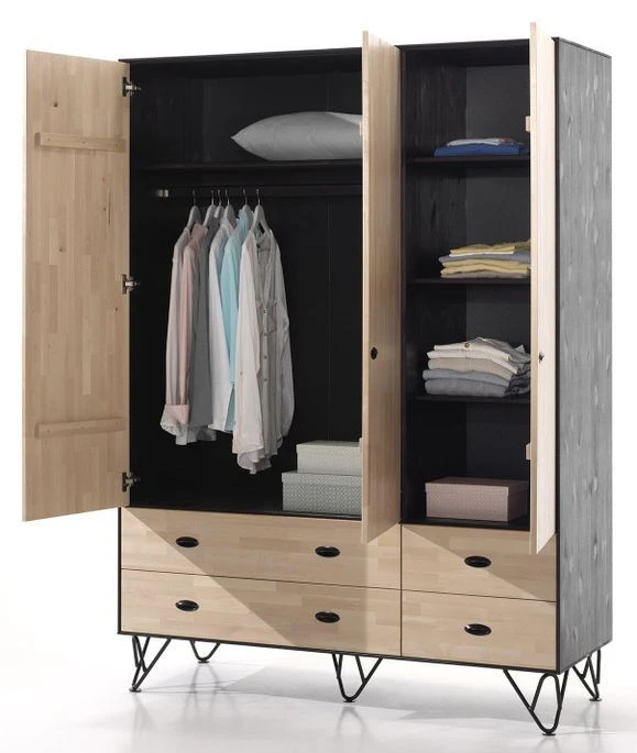 Armoire 3 Portes 4 Tiroirs Bois Massif Clair Et Gris Arna 2 Armoire 3 Portes 4 Tiroirs Bois Massif Clair Et Gris Arna – Image 2