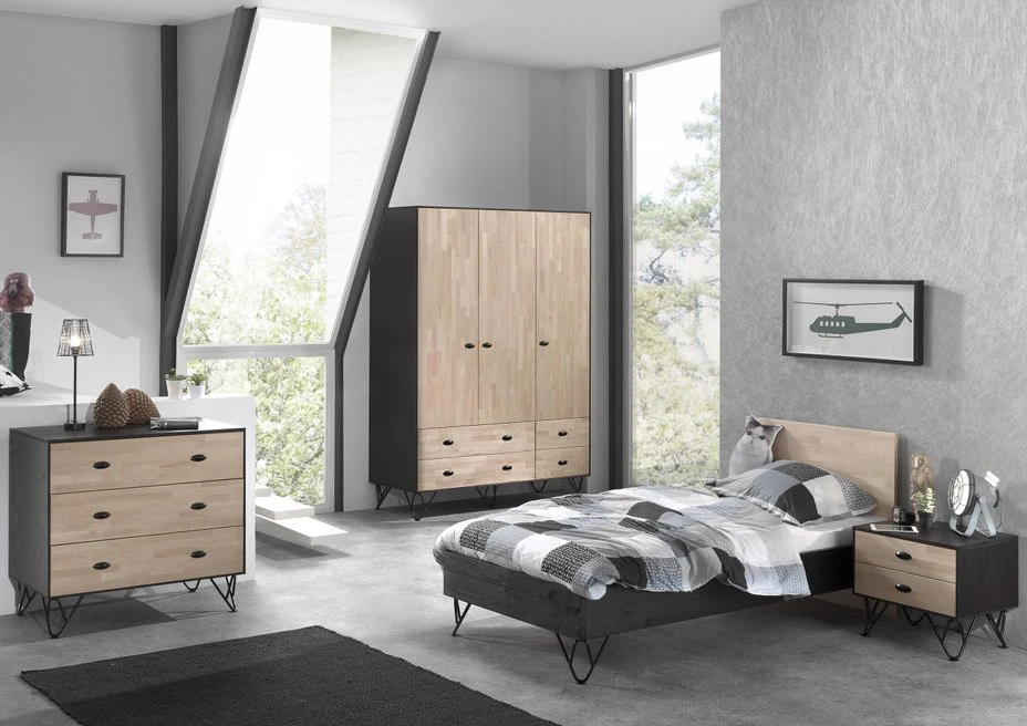 Armoire 3 Portes 4 Tiroirs Bois Massif Clair Et Gris Arna 4 Armoire 3 Portes 4 Tiroirs Bois Massif Clair Et Gris Arna – Image 4