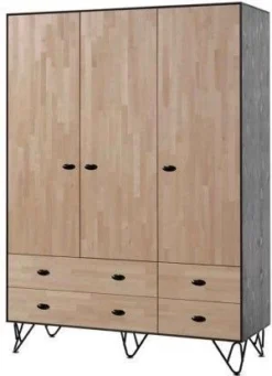 Armoire 3 Portes 4 Tiroirs Bois Massif Clair Et Gris Arna