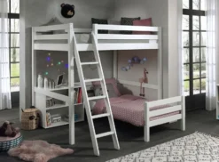 Chambre Enfant 3 Pièces Lit Mezzanine Lit Simple Et Bibliothèque Pin Massif Blanc Pino 90/140x200 Cm