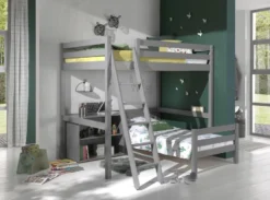 Chambre Enfant 3 Pièces Lit Mezzanine Lit Simple Et Bibliothèque Pin Massif Gris Pino 90/140x200 Cm