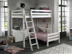 Chambre Enfant 3 Pièces Lit Mezzanine Lit Simple Et Commode 2 Portes Pin Massif Blanc Pino 90/140x200 Cm