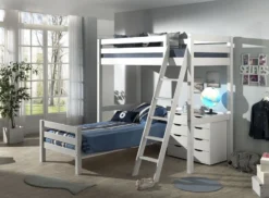 Chambre Enfant 3 Pièces Lit Mezzanine Lit Simple Et Commode 4 Tiroirs Pin Massif Blanc Pino 90x200 Cm