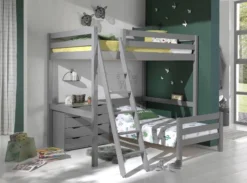 Chambre Enfant 3 Pièces Lit Mezzanine Lit Simple Et Commode 4 Tiroirs Pin Massif Gris Pino 90/140x200 Cm