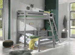 Chambre Enfant 3 Pièces Lit Mezzanine Lit Simple Et Commode 4 Tiroirs Pin Massif Gris Pino 90x200 Cm