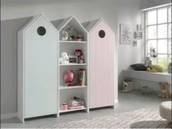 Ensemble 2 Armoires Enfant Rose & Vert Menthe Et 1 Bibliothèque Blanche Bois Laqué Camila