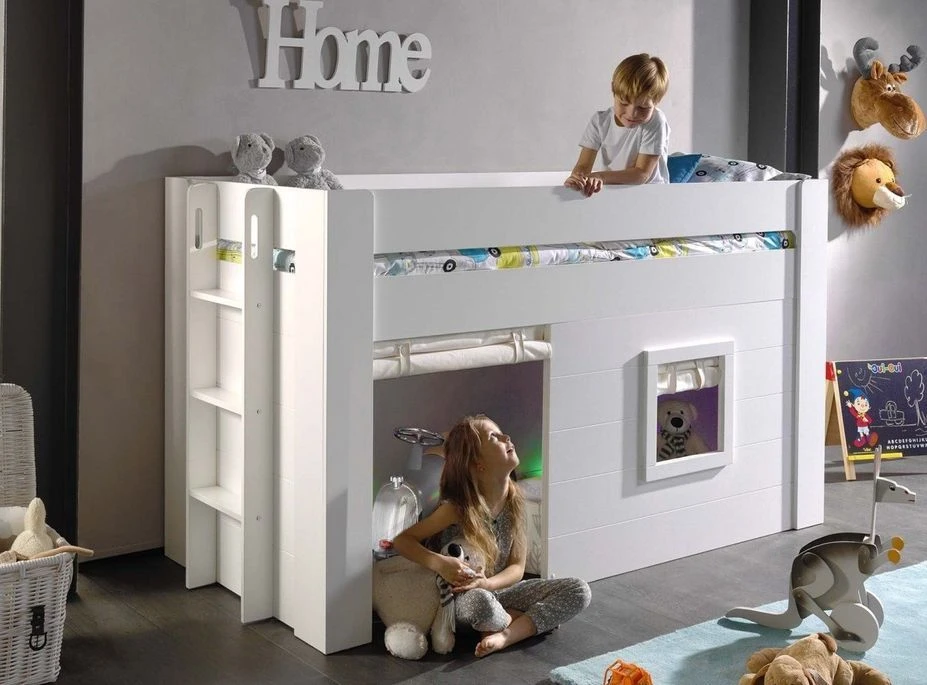 Lit Enfant Mezzanine Cabane 90x200 Cm Bois Laqué Blanc Noah 2 Lit Enfant Mezzanine Cabane 90x200 Cm Bois Laqué Blanc Noah – Image 2