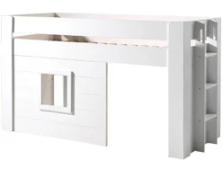 Lit Enfant Mezzanine Cabane 90x200 Cm Bois Laqué Blanc Noah