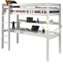 Lit Mezzanine Avec Bureau Pin Massif Blanc Pino 90x200 Cm