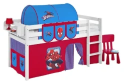 Lit Mezzanine Blanc Avec Rideau Spiderman 90x190 Cm