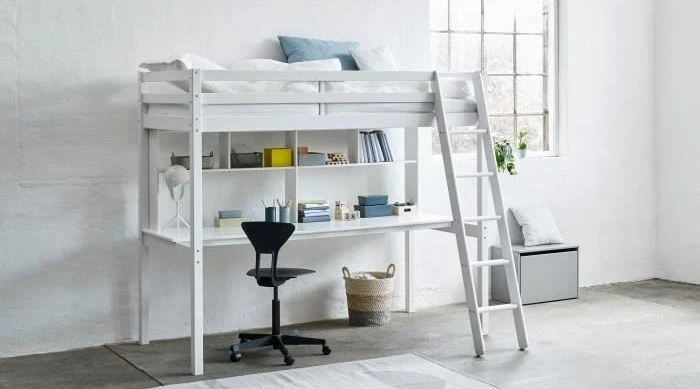 Lit Mezzanine Combiné - Bois Massif - Blanc Laqué - Sommier A Lattes Inclus - 90 X 200 Cm 2 1 Lit Mezzanine Combiné - Bois Massif - Blanc Laqué - Sommier A Lattes Inclus - 90 X 200 Cm 2