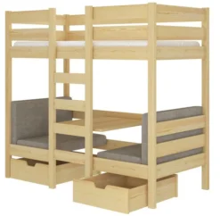 Lit Mezzanine Et Superposé 2 Couchages Avec 2 Tiroirs De Rangement Bois Pin Naturel 90x200 Cm Sulutia