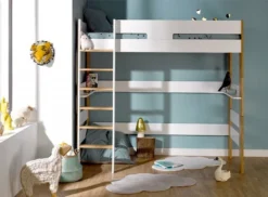 Lit Mezzanine Haut 90x190 Cm Blanc Et Hêtre Massif Clair Scandi