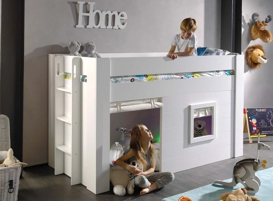 Lit Mezzanine Bois Laqué Blanc 90x200 Cm Avec Rideaux Coton Beige Noah 2 Lit Mezzanine Bois Laqué Blanc 90x200 Cm Avec Rideaux Coton Beige Noah – Image 2