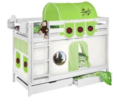 Lit Superposable Blanc Et Rideau Beige Et Vert Dragon 90x190 Cm