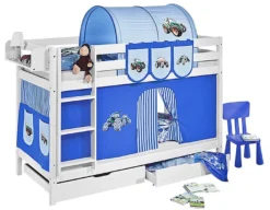 Lit Superposable Blanc Et Rideau Bleu Tracteur 90x190 Cm