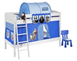 Lit Superposable Laqué Blanc Avec Rideau Bleu Star Wars 90x200 Cm