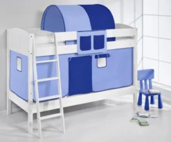 Lit Superposé Blanc Laqué Et Rideau Bleu Et Bleu Foncé 90x200 Cm -KidKraft || Disney Cars || HELLO KITTY Soldes Boutique lit superpose blanc laque et rideau bleu et bleu fonce 90x200 cm 106806