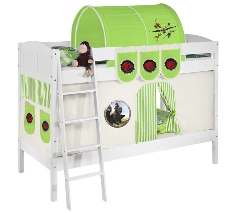 Lit Superposé Blanc Laqué Et Rideau Dragon Vert 90x200 Cm 1 Lit Superposé Blanc Laqué Et Rideau Dragon Vert 90x200 Cm