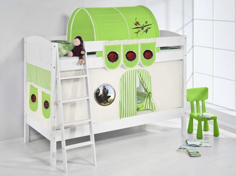 Lit Superposé Blanc Laqué Et Rideau Dragon Vert 90x200 Cm 2 Lit Superposé Blanc Laqué Et Rideau Dragon Vert 90x200 Cm – Image 2