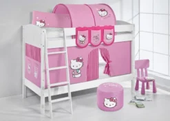 HELLO KITTY Lit Superposé Blanc Laqué Et Rideau Hello Ktitty 90x200 Cm