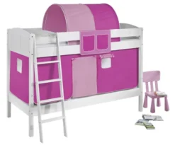 Lit Superposé Blanc Laqué Et Rideau Rose 90x200 Cm