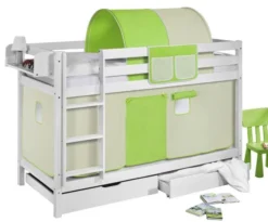 Lit Superposé Blanc Laqué Rideaux Beige Et Vert 90x190cm