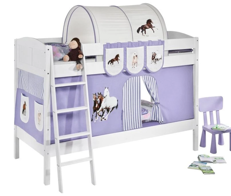 Lit Superposés Blanc Laqué Et Rideau Chevaux Lilas IDA 1 Lit Superposés Blanc Laqué Et Rideau Chevaux Lilas IDA