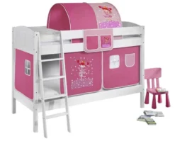 Lit Superposés Blanc Laqué Et Rideau Fée Rose 90x200 Cm