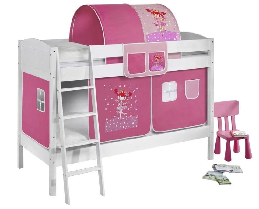 Lit Superposés Blanc Laqué Et Rideau Fée Rose 90x200 Cm 1 Lit Superposés Blanc Laqué Et Rideau Fée Rose 90x200 Cm