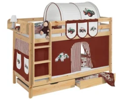 Lit Superposés Pin Massif Et Rideau Marron Tracteur