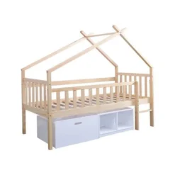 Lit Surélevé Enfant Avec Bacs De Rangements - Pin Massif - Bicolor Brut/Blanc - Sommier Inclus - 90x190 Cm - ELIDJA