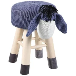 Pouf Enfant âne Crochet Bleu Et Pieds Bois Massif Leala