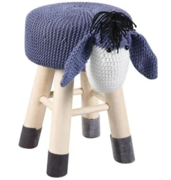 Pouf Enfant âne Crochet Bleu Et Pieds Bois Massif Leala - Lot De 4