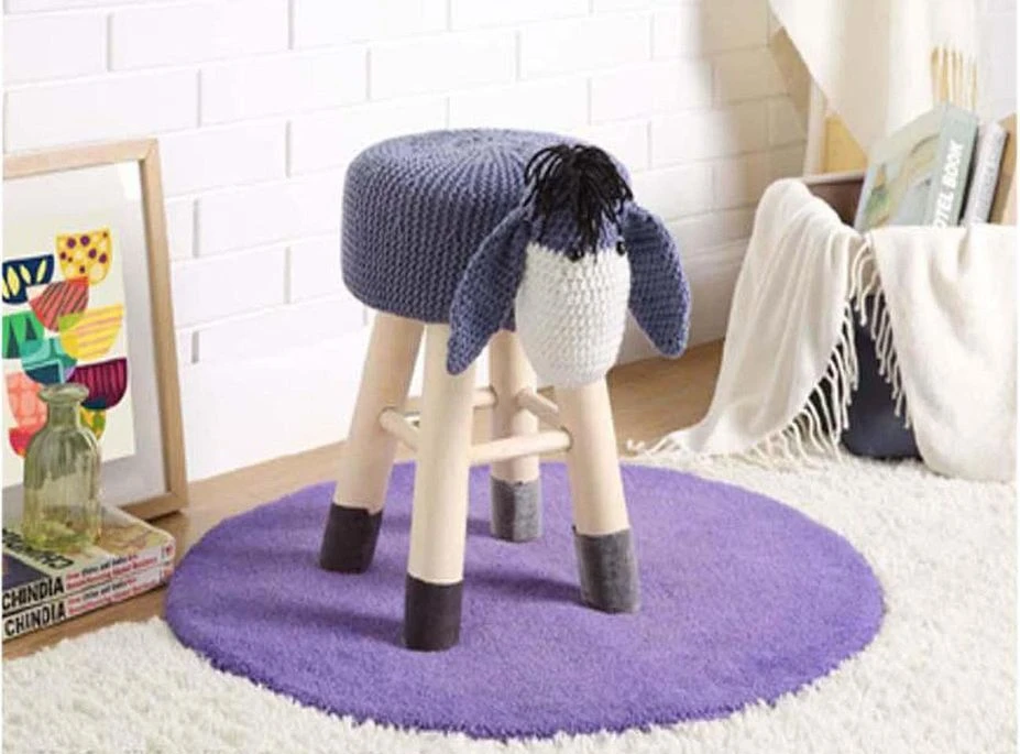 Pouf Enfant âne Crochet Bleu Et Pieds Bois Massif Leala - Lot De 4 2 Pouf Enfant âne Crochet Bleu Et Pieds Bois Massif Leala - Lot De 4 – Image 2